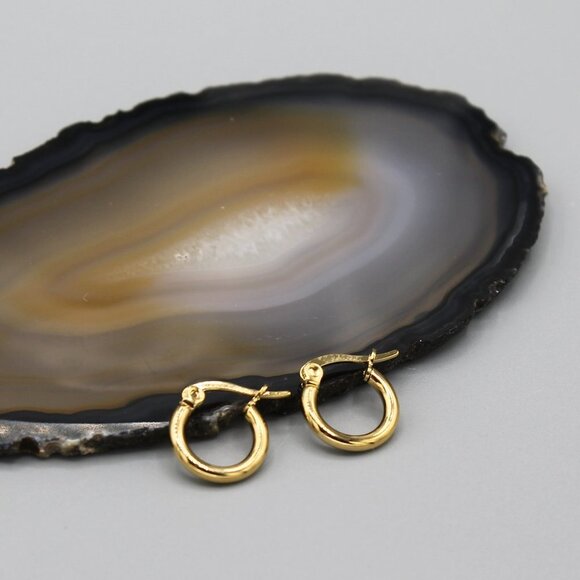 Jewelry earrings hoop hoops 10mm wide thin yellow gold tone small elegant new - Picture 2 of 9